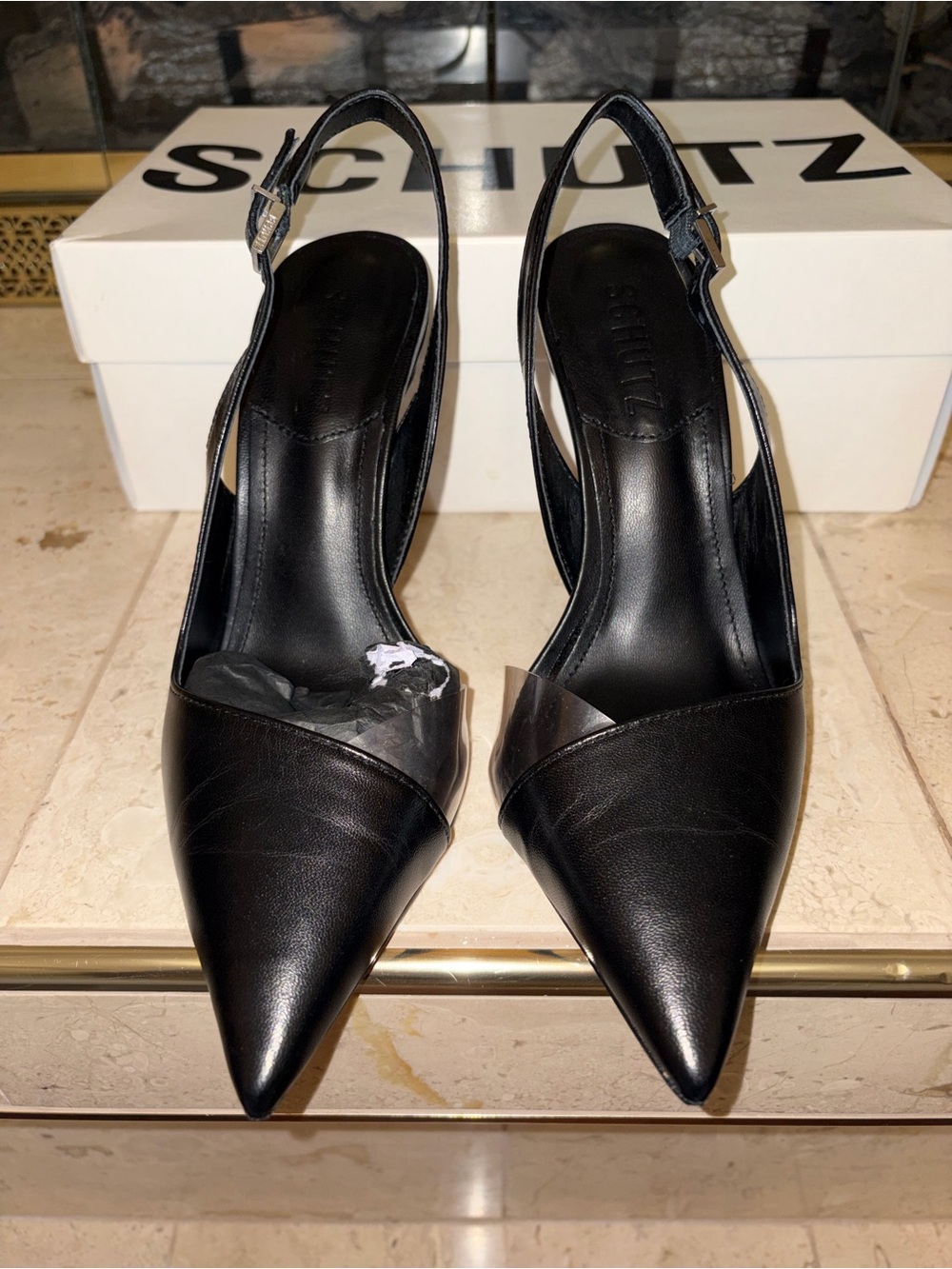 SCHUTZ Black Pointed Leather Slingback Pumps with Clear Strap. Size 5.5-6. NEW.